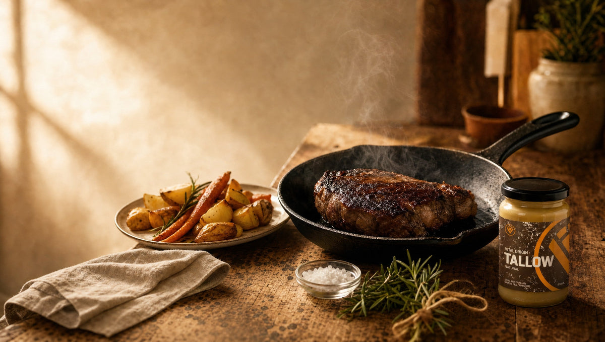 Cast-iron pan with a seared steak and steam on a timber benchtop beside roasted vegetables and a jar of Vital Origin grass-fed beef tallow in an Australian farmhouse kitchen