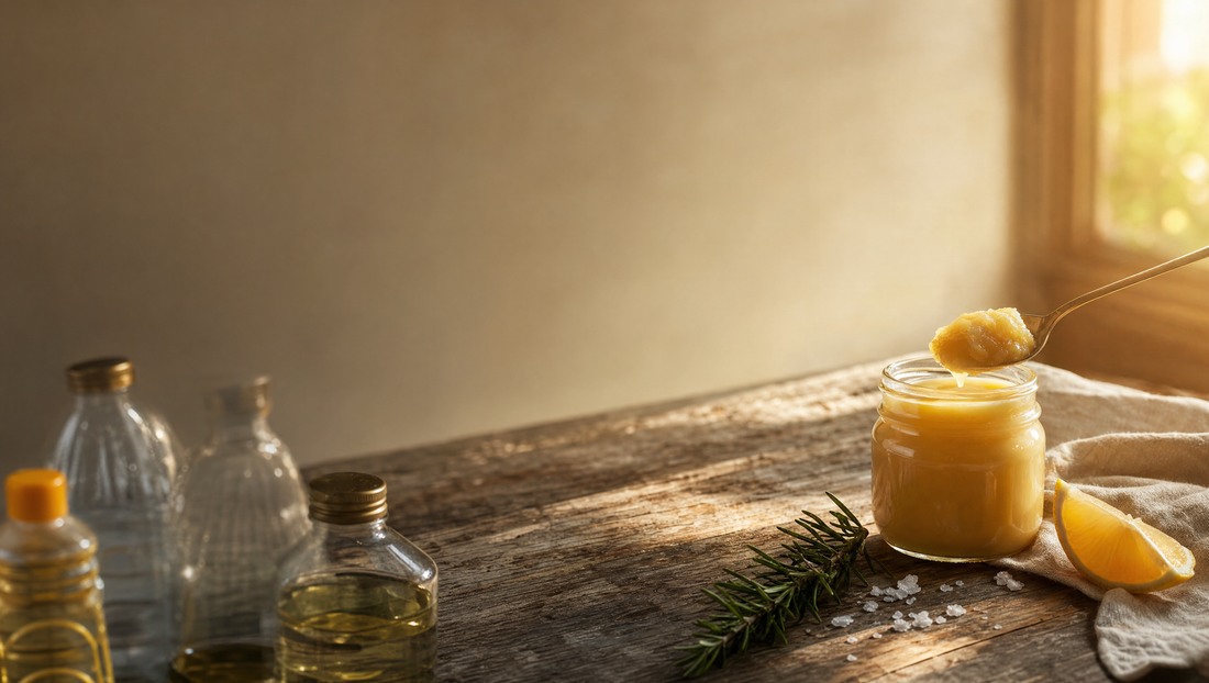 Golden grass-fed beef tallow beside a cluster of industrial seed oil bottles on a rustic Australian kitchen benchtop in warm morning light