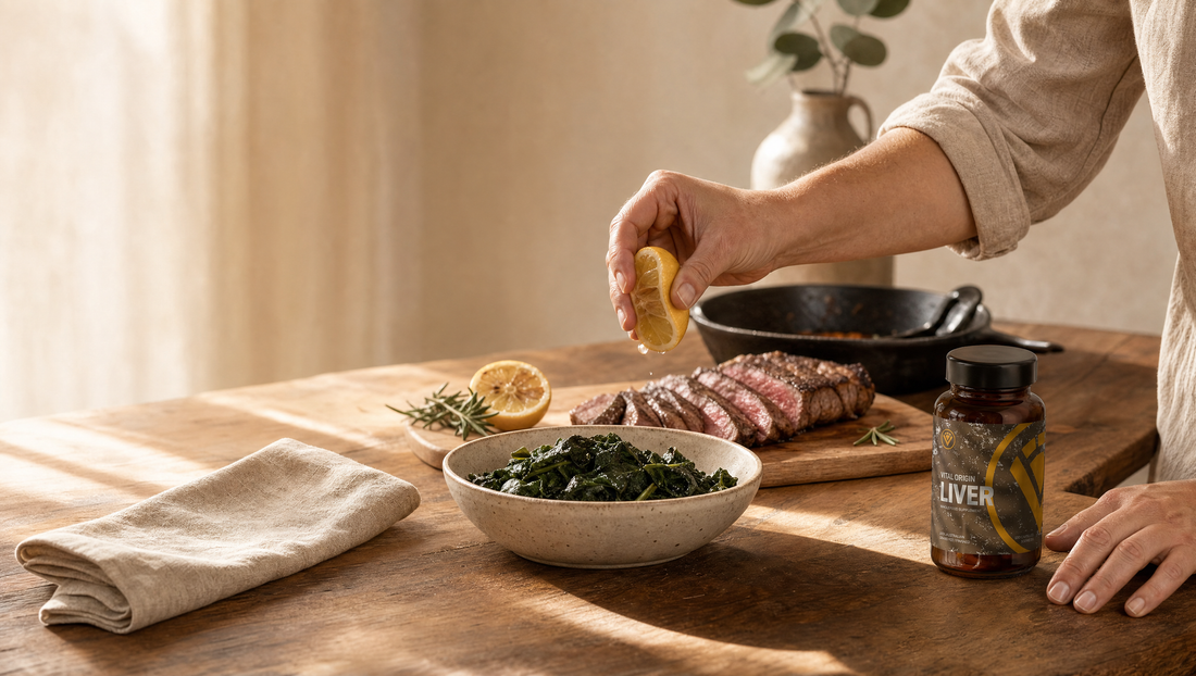 Hand squeezing a lemon over dark leafy greens beside sliced seared beef and a bottle of Vital Origin Liver capsules on a sunlit timber kitchen bench