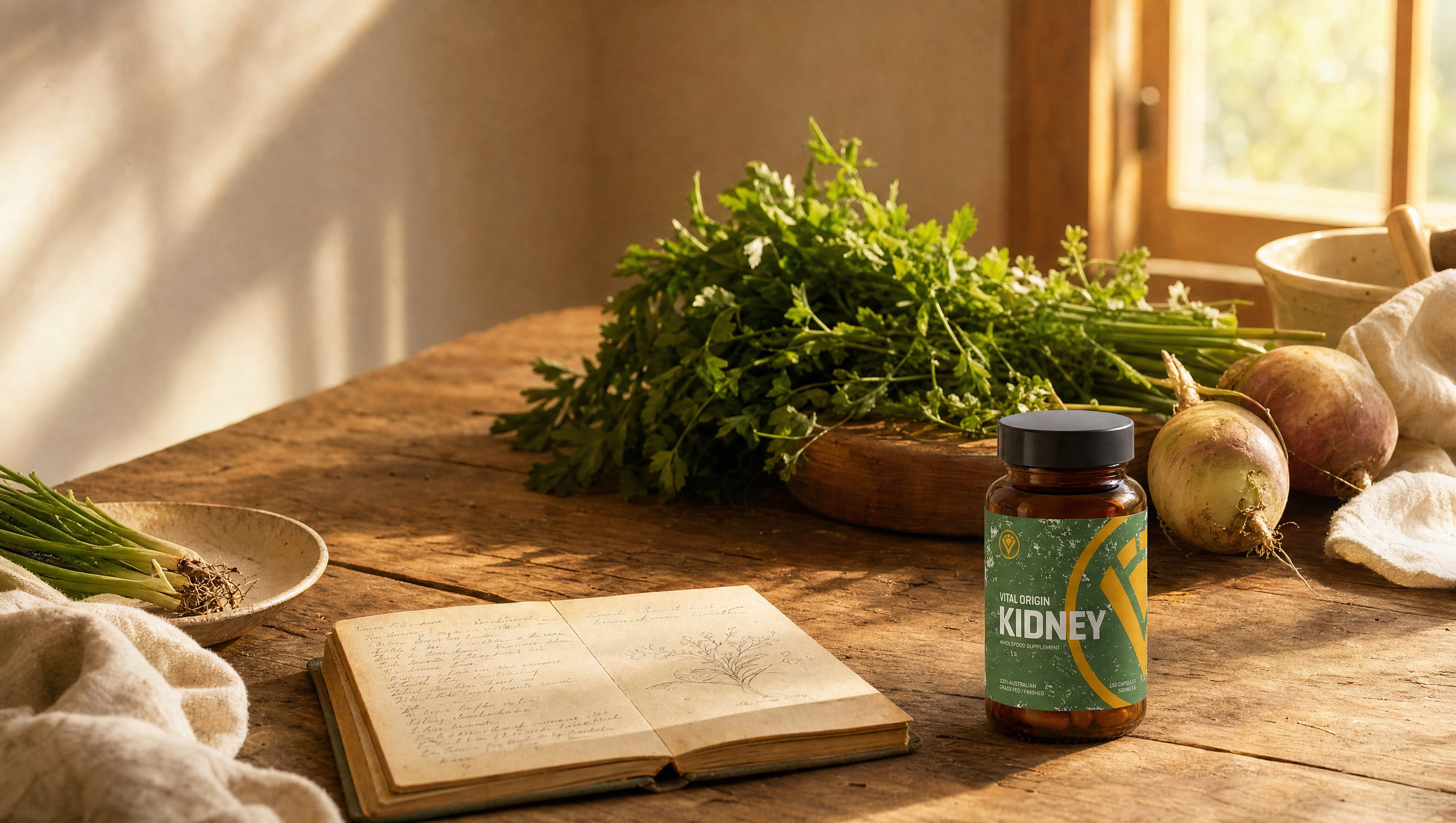 Grass-fed Vital Origin Beef Kidney capsule jar resting on a weathered Australian farmhouse timber table beside fresh parsley, root vegetables, and an open vintage notebook, warm morning light