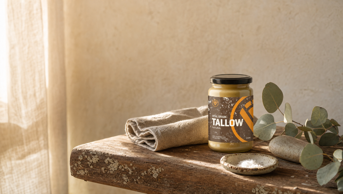 Jar of Vital Origin grass-fed beef tallow on a weathered timber bench beside a folded linen towel, a ceramic dish of sea salt and eucalyptus leaves in soft morning light