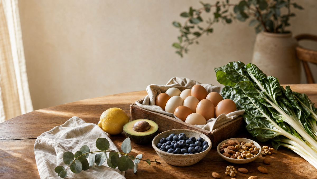 Rustic timber table in soft morning light with whole eggs in a linen-lined crate, fresh leafy greens, blueberries, nuts and avocado