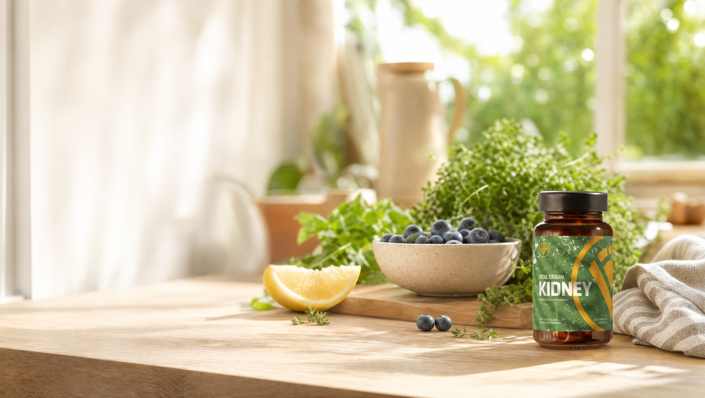 Vital Origin Beef Kidney capsule jar on a bright Australian farmhouse kitchen counter beside fresh herbs, blueberries and lemon in soft natural morning light