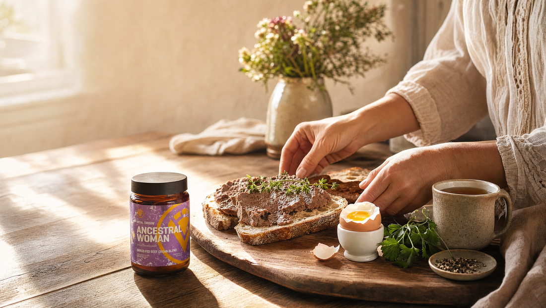 Hands preparing a nourishing beef liver pâté breakfast on sourdough with a soft-boiled egg and tea, beside a jar of Vital Origin Ancestral Woman grass-fed beef organ blend, in a warm Australian farmhouse kitchen.