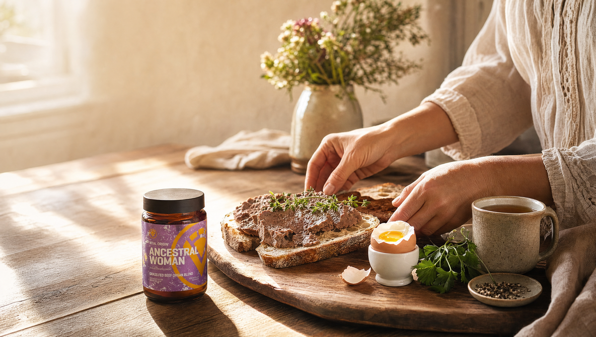 Hands preparing a nourishing beef liver pâté breakfast on sourdough with a soft-boiled egg and tea, beside a jar of Vital Origin Ancestral Woman grass-fed beef organ blend, in a warm Australian farmhouse kitchen.