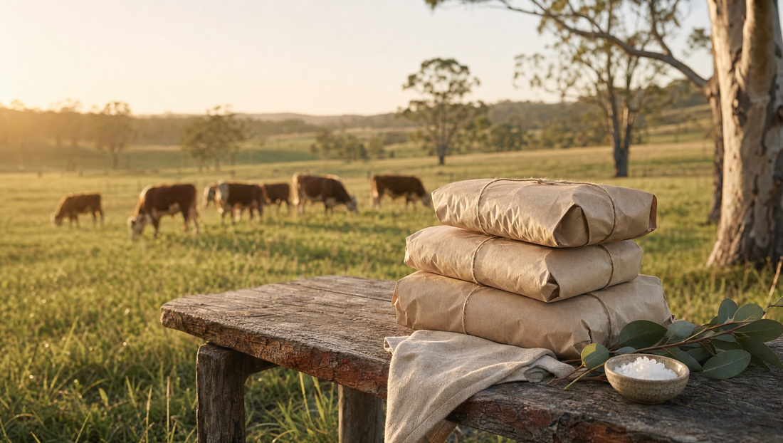 Grass-fed cattle on an Australian pasture beside a timber bench with paper-wrapped fresh beef organ cuts
