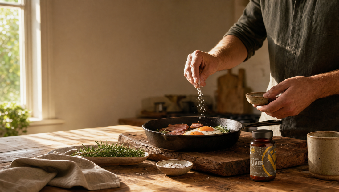 Man preparing a whole-food breakfast of eggs and bacon in a cast-iron pan on a rustic Australian farmhouse kitchen bench, with a jar of Vital Origin Beef Liver wholefood capsules resting nearby in warm morning light.