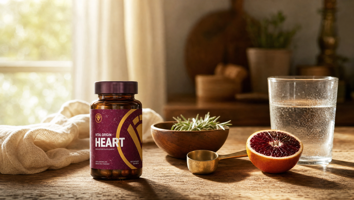 Grass-fed beef heart capsules on a warm timber kitchen benchtop with rosemary, blood orange and water, morning light through a window