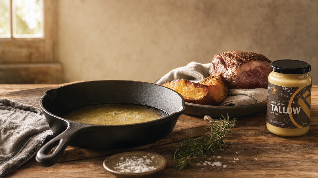 Cast-iron skillet with golden grass-fed beef tallow melting on a weathered Australian farmhouse timber benchtop, dry-aged beef cut, rosemary sprig, sea salt and roast root vegetable in warm morning light