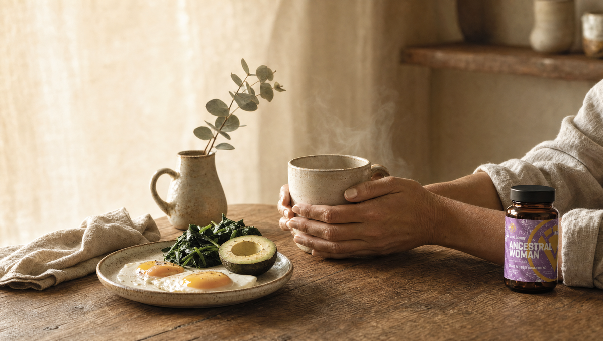 Woman's hands around a steaming mug at a sunlit timber kitchen table with eggs, avocado, greens and a bottle of Vital Origin Ancestral Woman