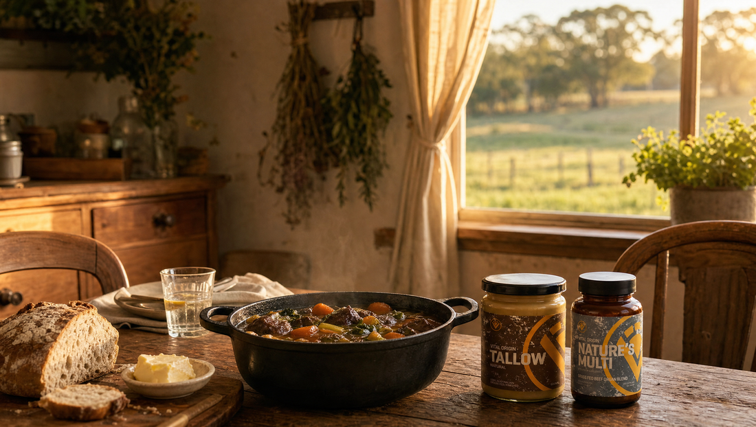 Beef Tallow jar and Nature's Multi tin together on a farmhouse table with whole foods — the ancestral kitchen.
