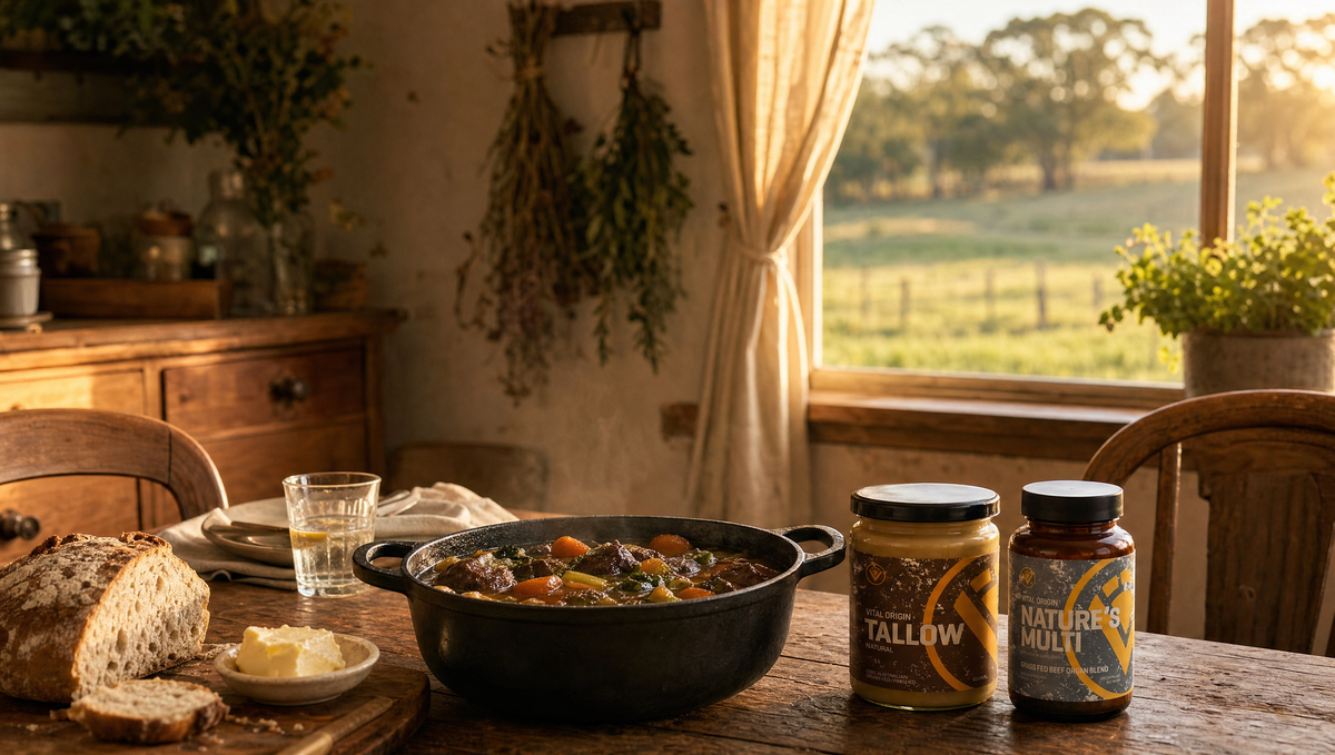 Beef Tallow jar and Nature's Multi tin together on a farmhouse table with whole foods — the ancestral kitchen.
