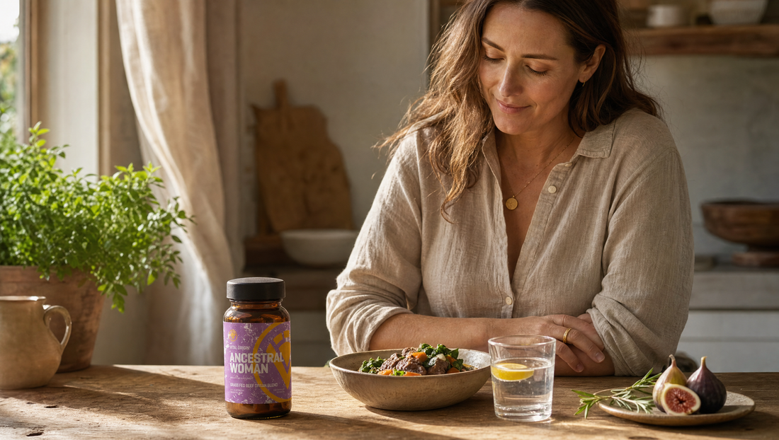Australian woman at a warm timber kitchen counter with the Ancestral Woman supplement tin, figs and morning light.