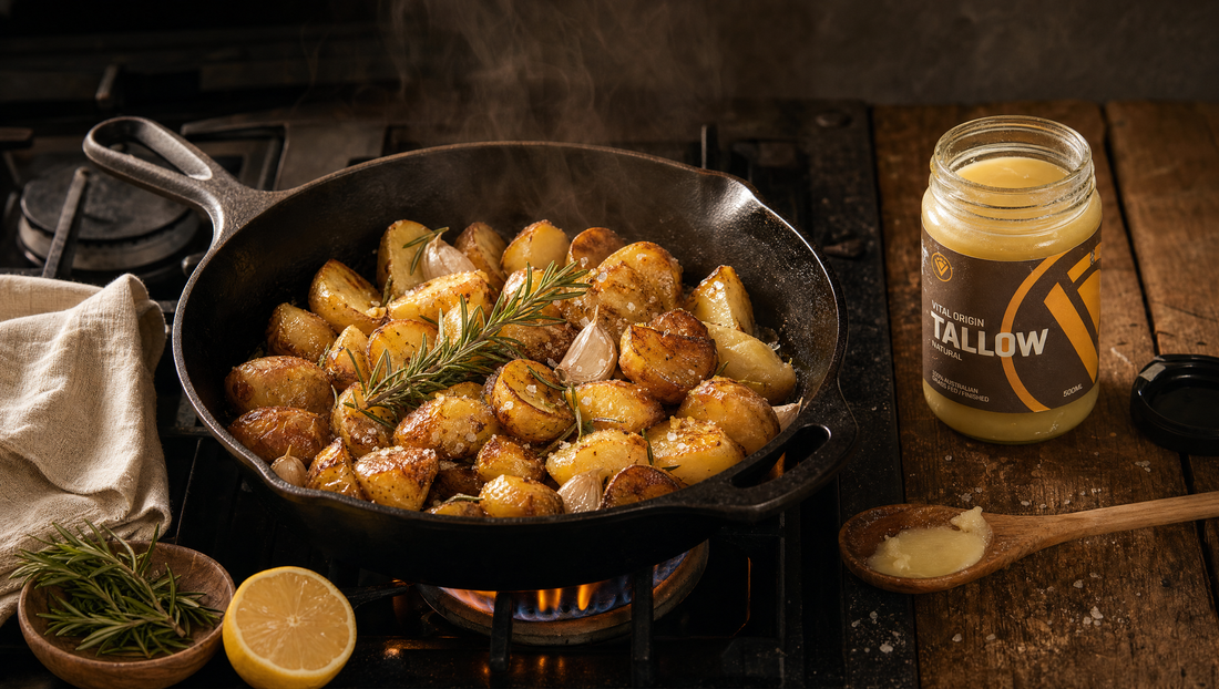 Beef Tallow Natural jar on a timber kitchen bench with cast iron pan, salt, herbs and slow-cooked food.