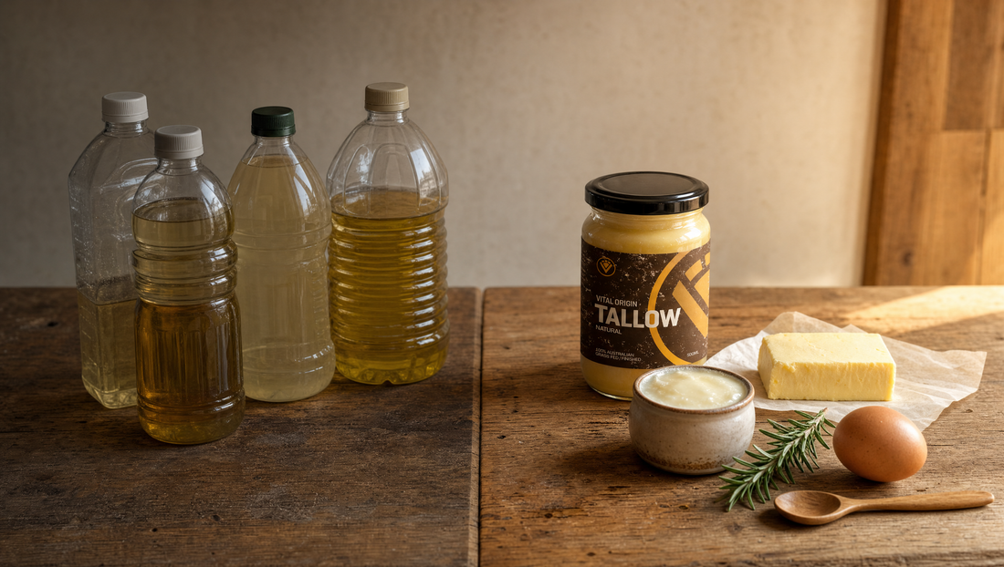 Vital Origin Beef Tallow Natural jar in a warm Australian kitchen contrasted with traditional cooking ingredients.