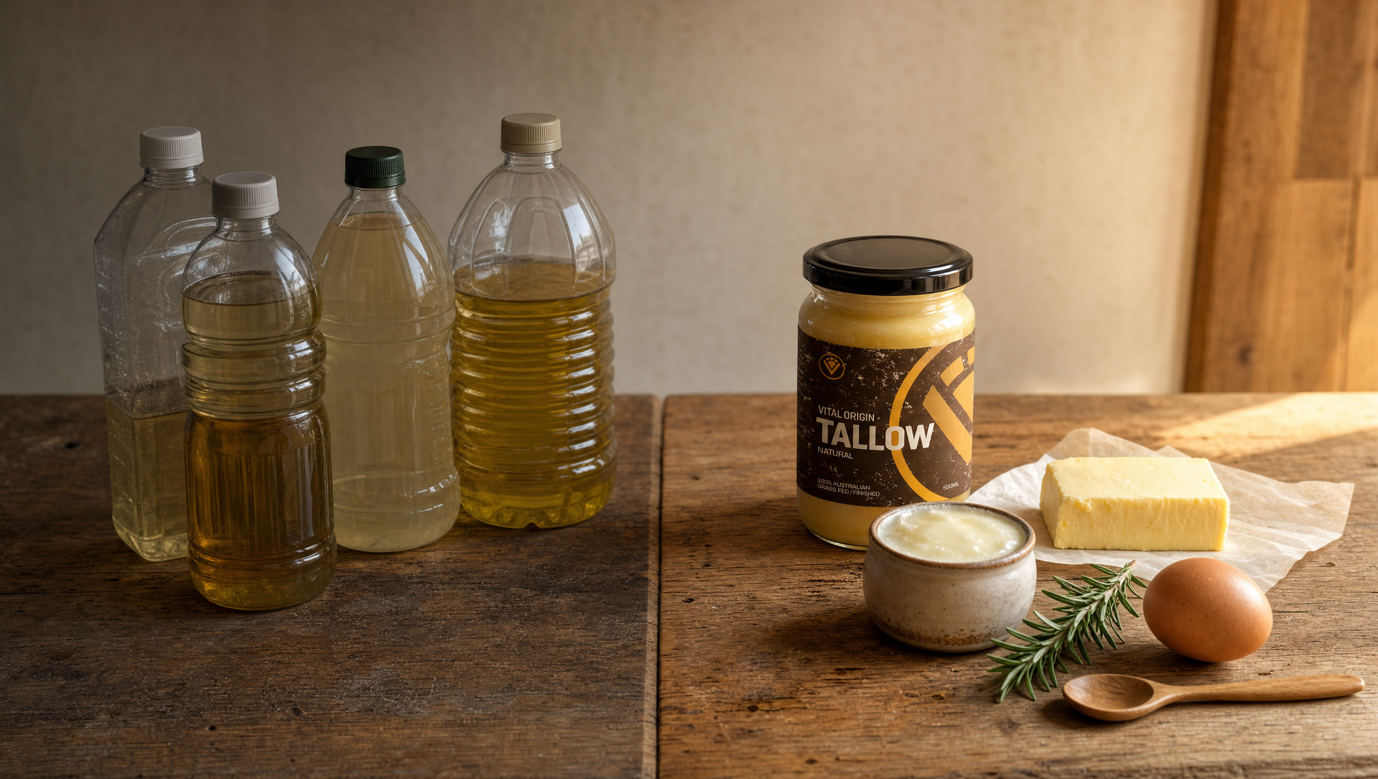 Vital Origin Beef Tallow Natural jar in a warm Australian kitchen contrasted with traditional cooking ingredients.