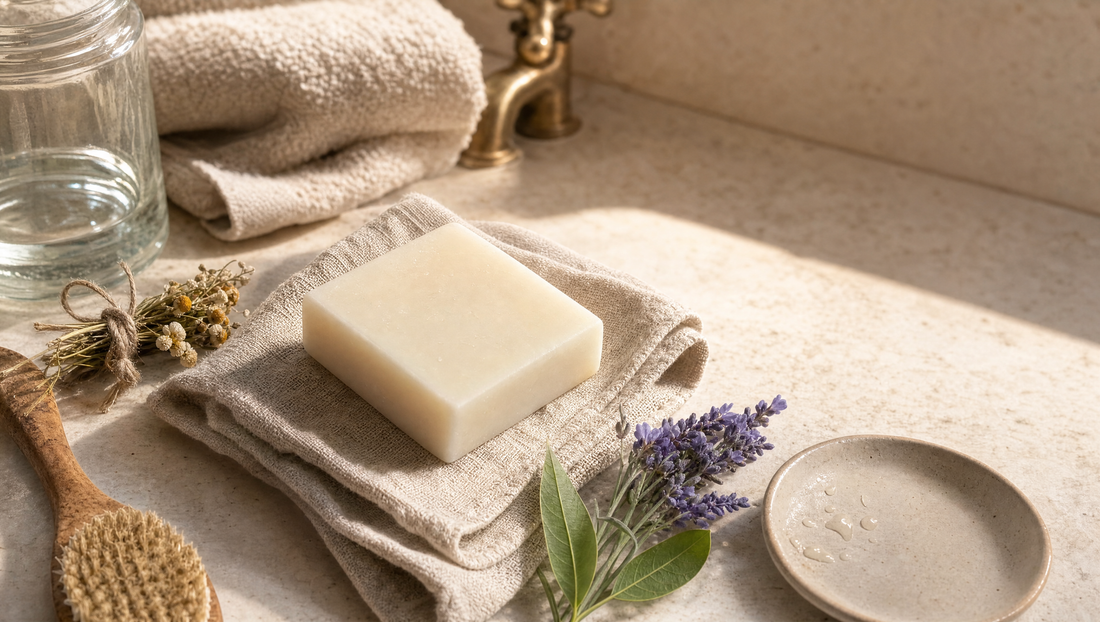 Vital Origin Tallow Soap Bar on a stone bathroom surface with linen and botanicals — natural skincare ritual.