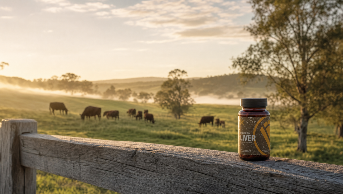 Misty regenerative pasture at sunrise with grazing grass-fed cattle and a Vital Origin Beef Liver Capsules bottle resting on a weathered timber fence rail