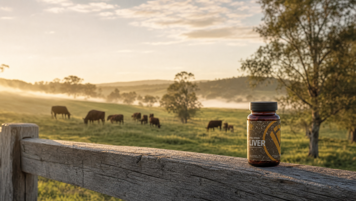 Misty regenerative pasture at sunrise with grazing grass-fed cattle and a Vital Origin Beef Liver Capsules bottle resting on a weathered timber fence rail