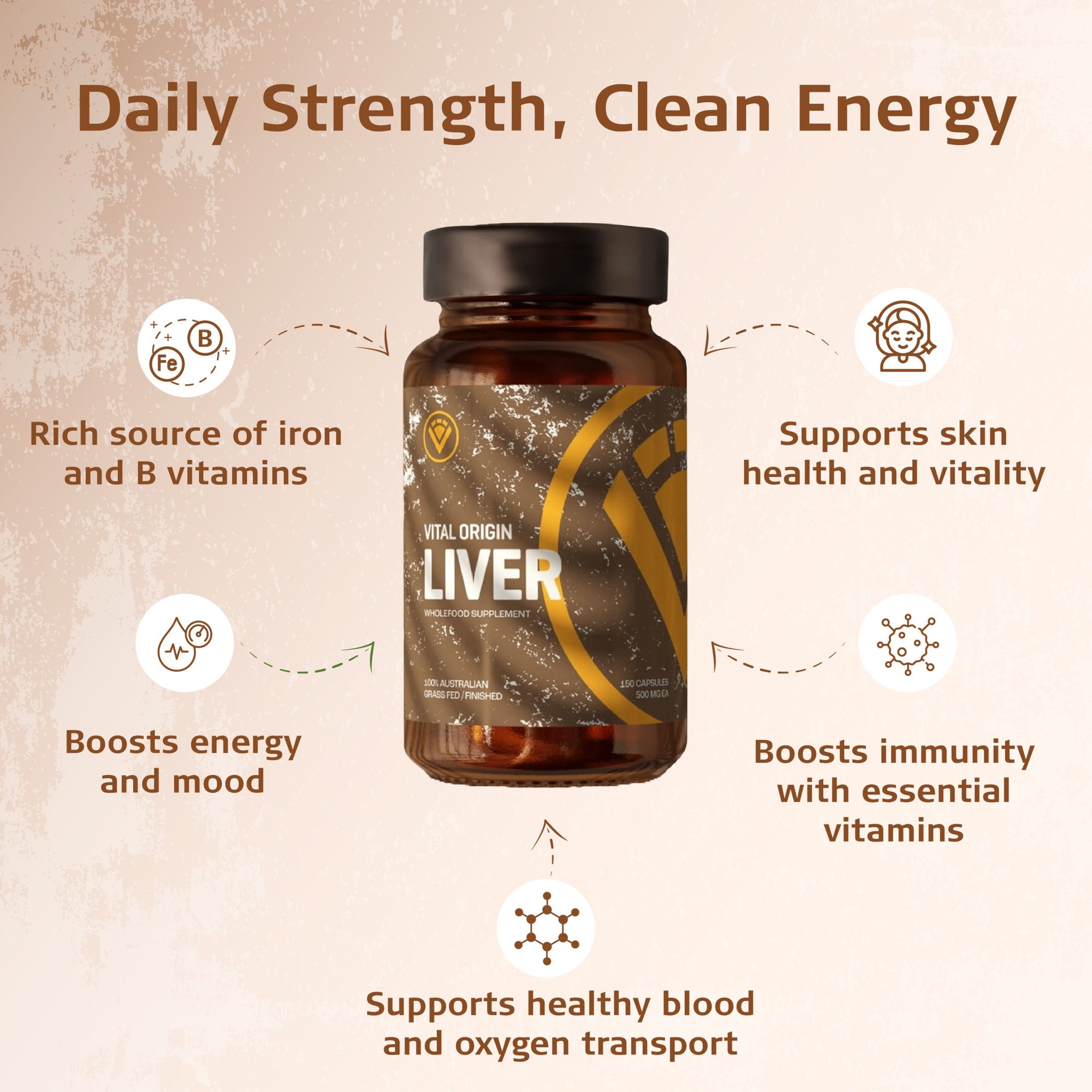 Vital Origin Grass-Fed Beef Liver Capsules — freeze-dried beef liver supplement, close-up view